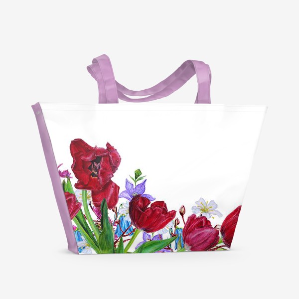 Пляжная сумка «Букет.  Красные тюльпаны и полевые цветы»