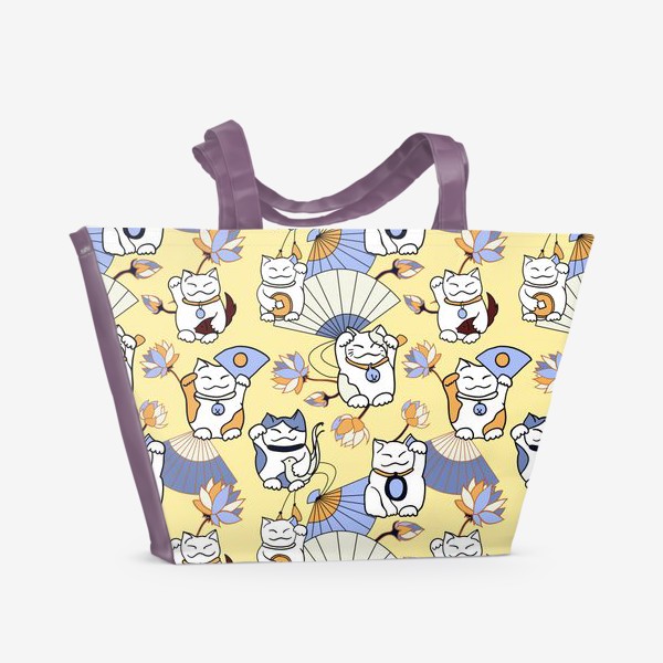 Пляжная сумка «Манеки неко (Maneki neko) с веерами и лотосами, желтый фон»