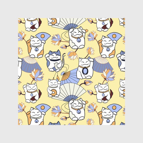 Скатерть «Манеки неко (Maneki neko) с веерами и лотосами, желтый фон»