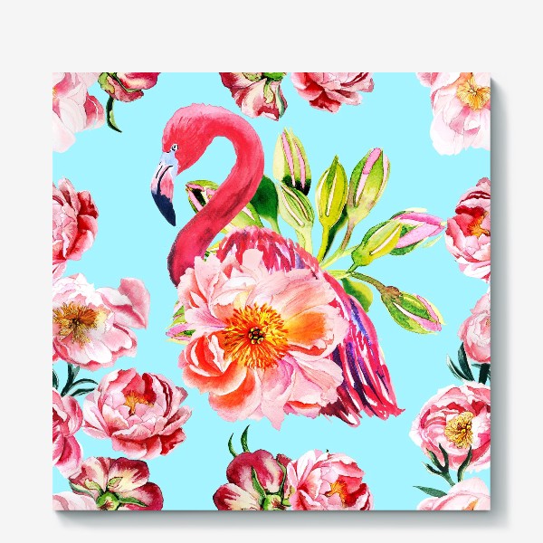 Холст «Цветочный узор с фламинго»