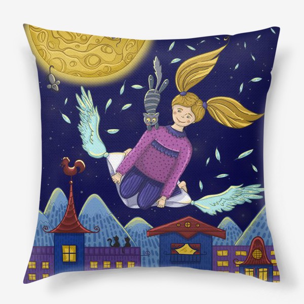 Подушка «Сон про волшебный полет девочки и кота на подушке»