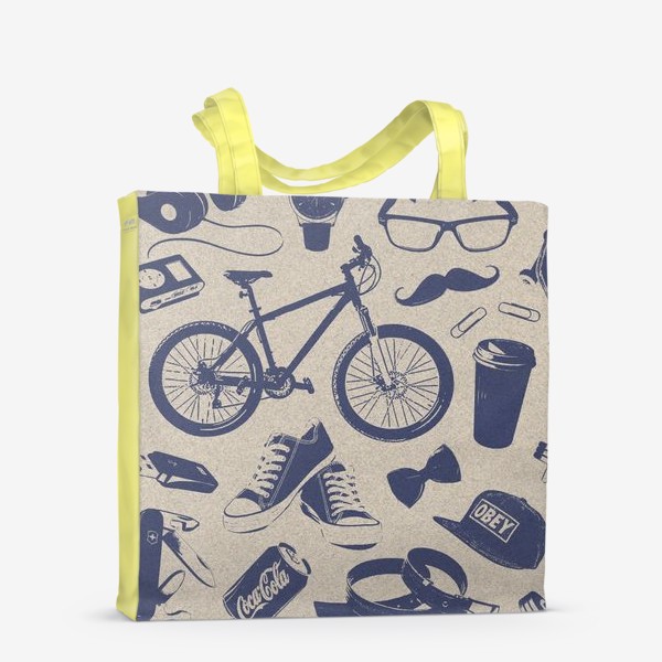 Сумка-шоппер «Мужской хипстер паттерн с усами, велосипедом и кедами»