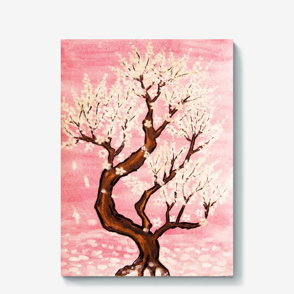 Холст «Белое цветущее дерево на розовом фоне»