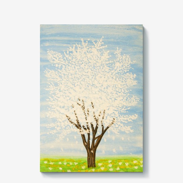Холст &laquo;Белое весеннее дерево на голубом фоне&raquo;
