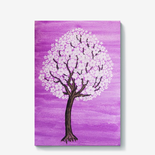 Холст «Дерево с белыми цветами на сиреневом фоне»