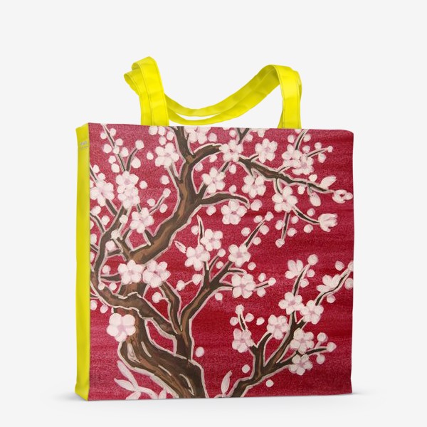 Сумка-шоппер «Дерево с белыми цветами на малиновом фоне»