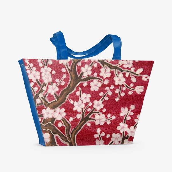 Пляжная сумка &laquo;Дерево с белыми цветами на малиновом фоне&raquo;