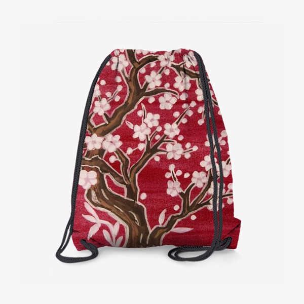 Рюкзак «Дерево с белыми цветами на малиновом фоне»