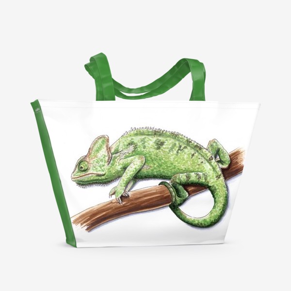 Пляжная сумка «Зеленый хамелеон на ветке»