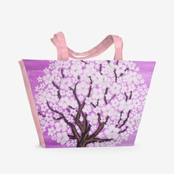 Пляжная сумка &laquo;Дерево с белыми цветами на сиреневом фоне&raquo;