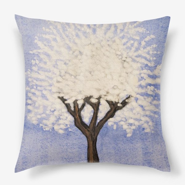 Подушка &laquo;Белое весеннее дерево на синем фоне&raquo;
