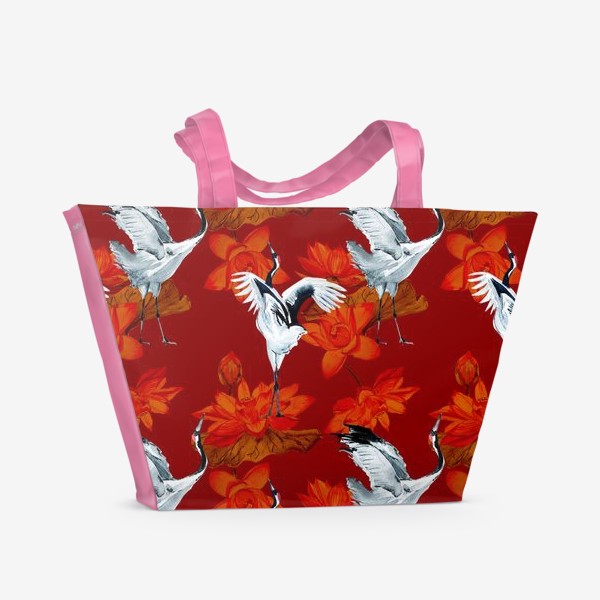 Пляжная сумка «Узор из цветов с Журавлями»