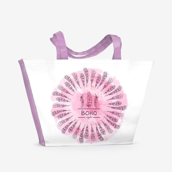 Пляжная сумка «Арт в бохо, трайбл стиле. Перья на акварельном фоне розового цвета»
