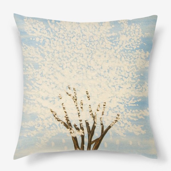 Подушка «Белое весеннее дерево на голубом фоне»