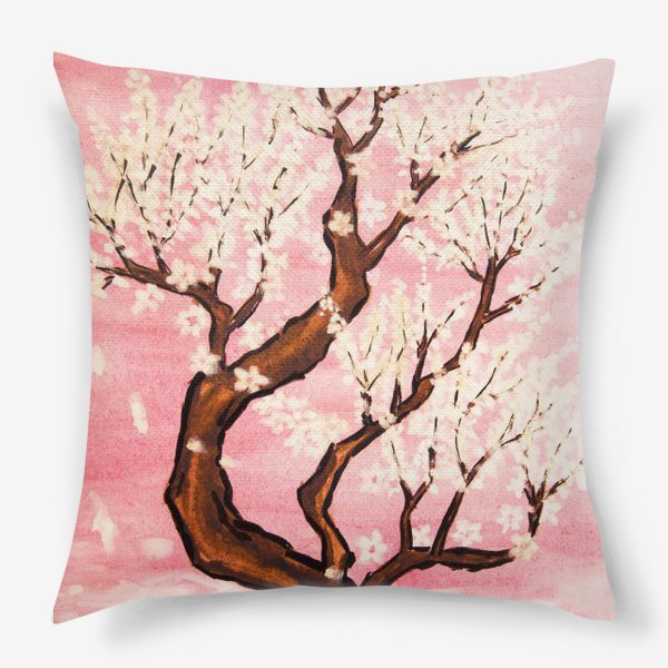 Подушка &laquo;Белое цветущее дерево на розовом фоне&raquo;