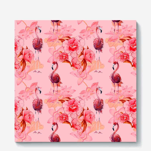 Холст «Розовый узор с фламинго и цветами»