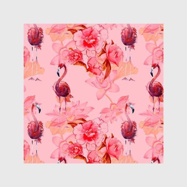Шторы «Розовый узор с фламинго и цветами»