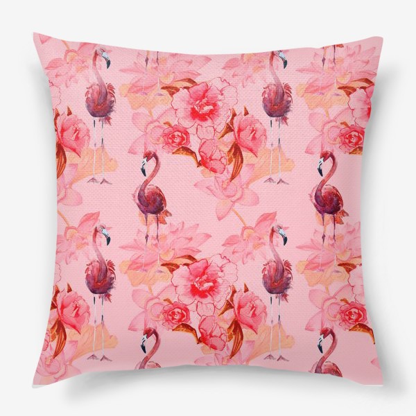 Подушка «Розовый узор с фламинго и цветами»