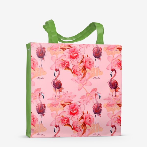 Сумка-шоппер &laquo;Розовый узор с фламинго и цветами&raquo;