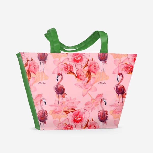 Пляжная сумка &laquo;Розовый узор с фламинго и цветами&raquo;