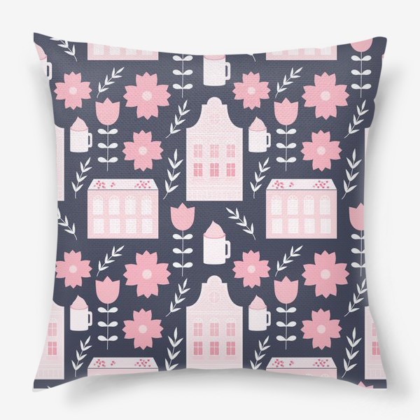 Подушка «Голландские домики в пастельном розовом цвете.»