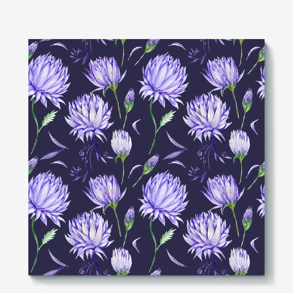 Холст «Винтажные фиолетовые акварельные цветы на черном фоне»