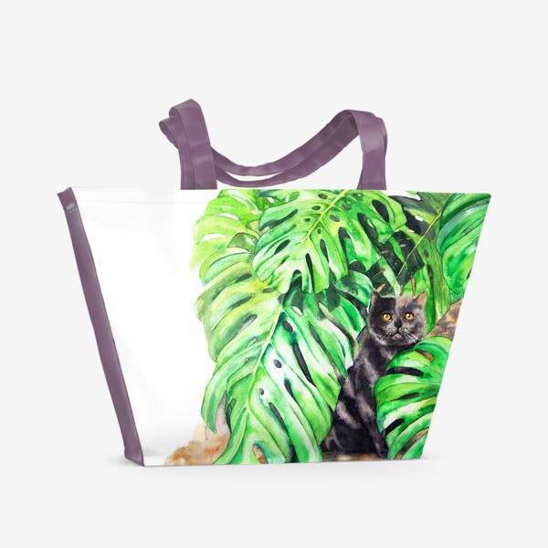 Пляжная сумка «Британский кот с листьями монстеры»