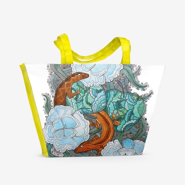 Пляжная сумка «Ящерицы, яблоки, цветы»