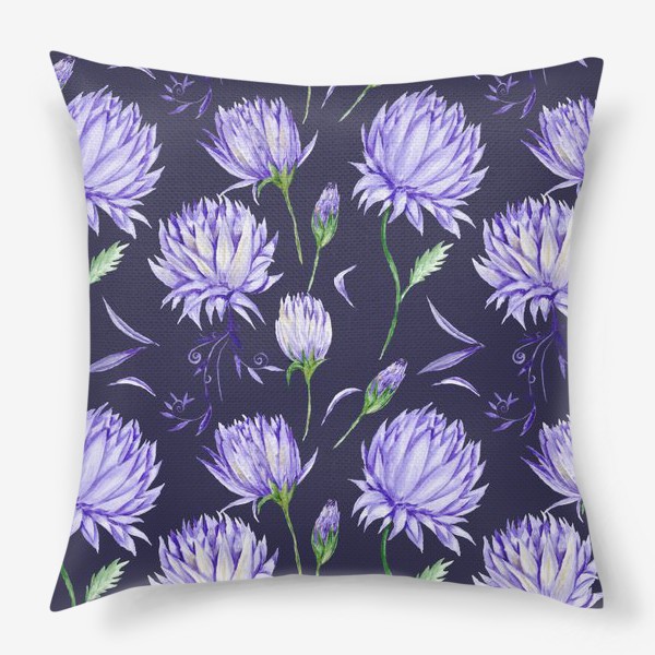 Подушка «Винтажные фиолетовые акварельные цветы на черном фоне»