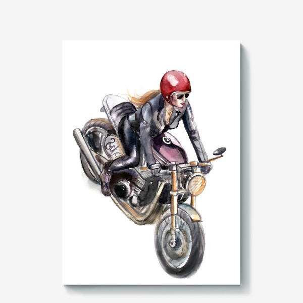 Холст «Девушка на мотоцикле в красном шлеме»