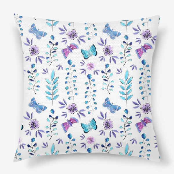 Подушка «Голубые бабочки и растения»