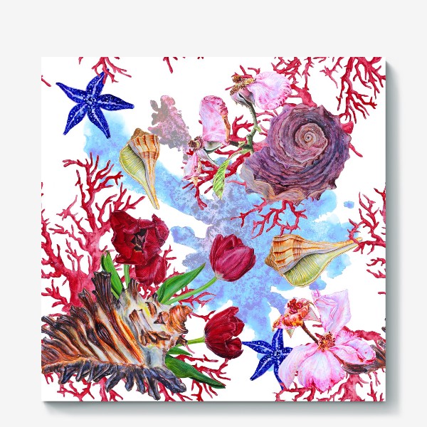 Холст «Кораллы, ракушки и цветы»