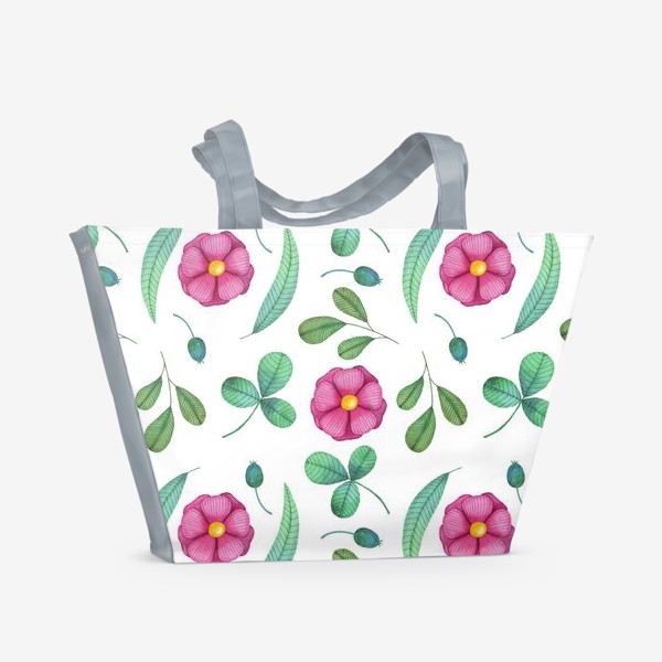 Пляжная сумка &laquo;Акварельный паттерн с цветами и зеленью&raquo;
