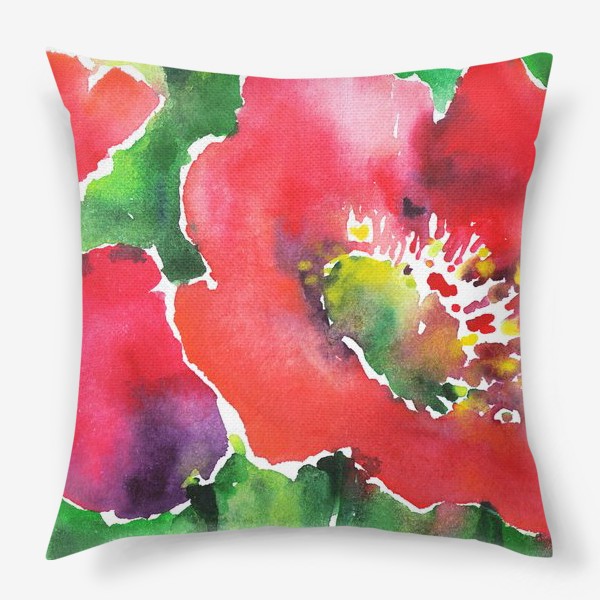 Подушка «Красный цветок мак, акварельная иллюстрация, природа, цветы»