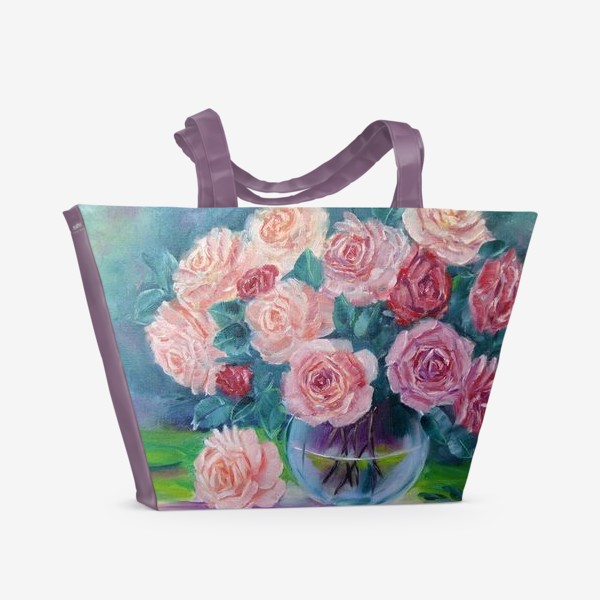 Пляжная сумка &laquo;Розовые розы на зеленом фоне&raquo;