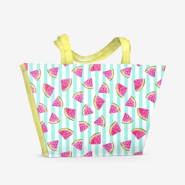 Пляжная сумка «Сочные арбузные ломтики на полосатом фоне.»