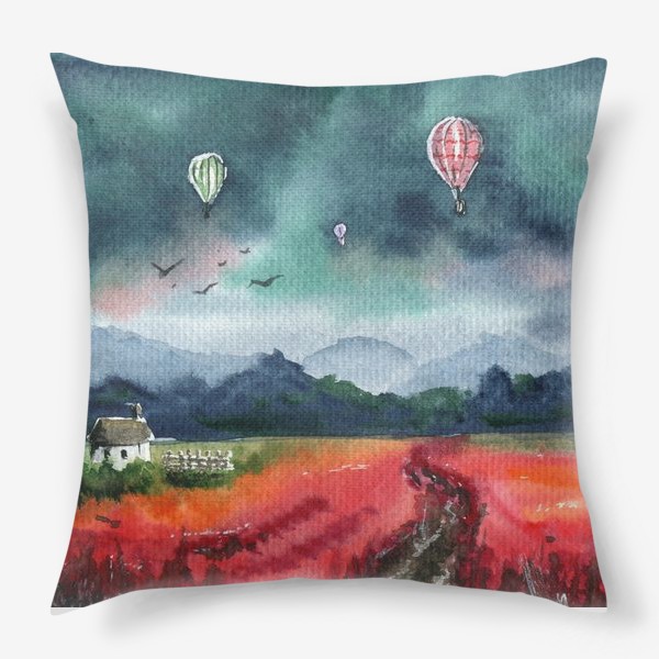 Подушка «Акварельный пейзаж с воздушными шарами.»