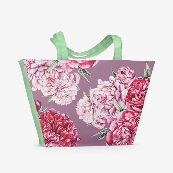 Пляжная сумка «Яркие пионы на розовом фоне»