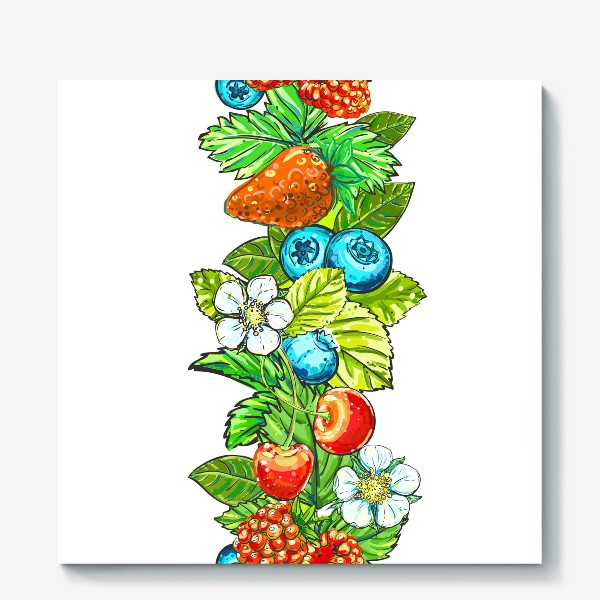 Холст &laquo;Ягоды, цветы и листья. клубника, голубика, вишня, малина&raquo;
