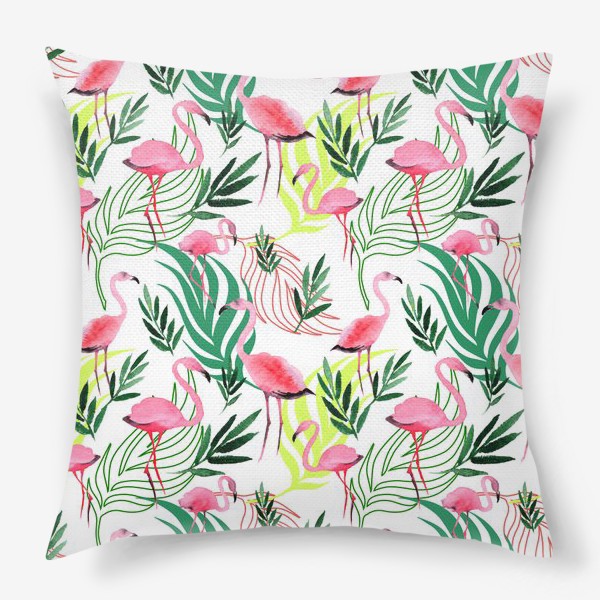Подушка «Яркий тропический паттерн с акварельными фламинго»