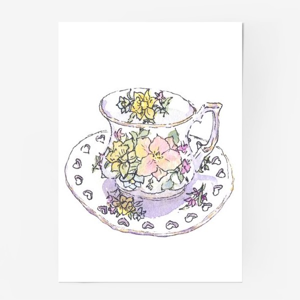 Постер «Фарфоровая чашка с цветочным узором. Чайная кружка. Цветы, акварельный скетч»