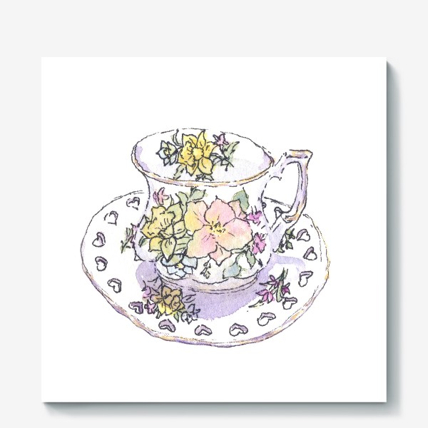 Холст &laquo;Фарфоровая чашка с цветочным узором. Чайная кружка. Цветы, акварельный скетч&raquo;