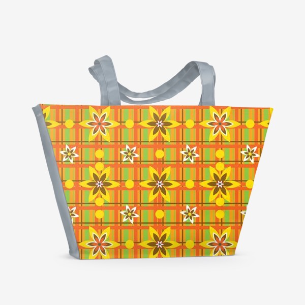 Пляжная сумка «Оранжевый геометрический паттерн с цветами»