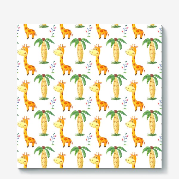 Холст «Милый узор с жирафами и пальмами.»