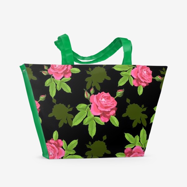 Пляжная сумка «Паттерн с розами на черном фоне.»