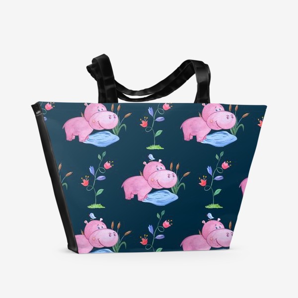Пляжная сумка «Милые бегемотики с птичками и цветами.»