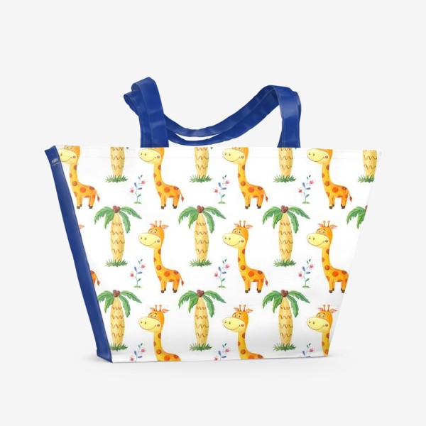 Пляжная сумка «Милый узор с жирафами и пальмами.»