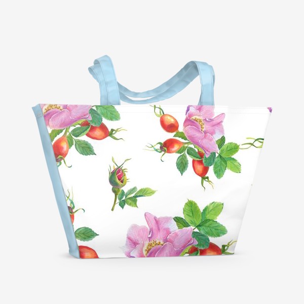 Пляжная сумка &laquo;Цветы и ягоды шиповника.Бесшовный узор.&raquo;
