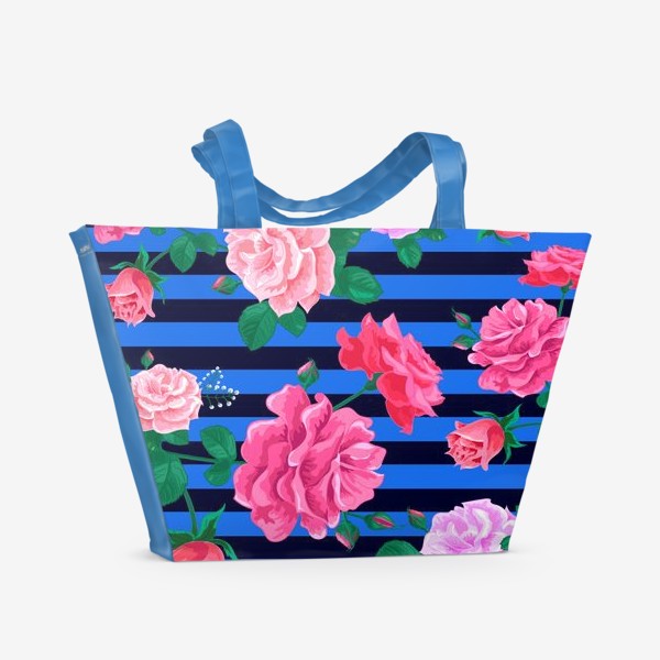 Пляжная сумка «Розы и голубые полосы.»