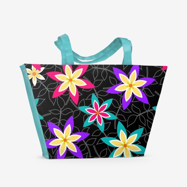 Пляжная сумка «Яркие цветы на черном фоне.»
